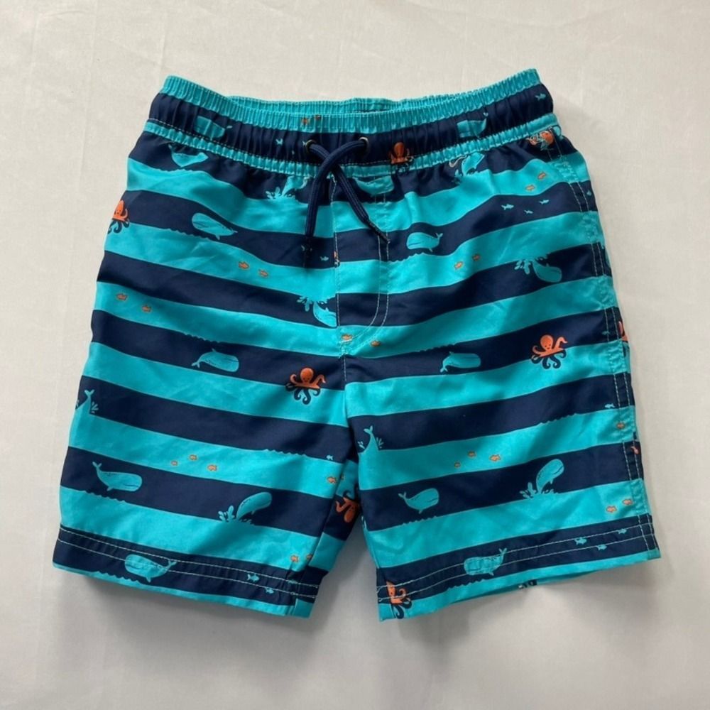 Carters Boys 4T Swim Trunks Blue Teal Striped Whale Octopus Mesh